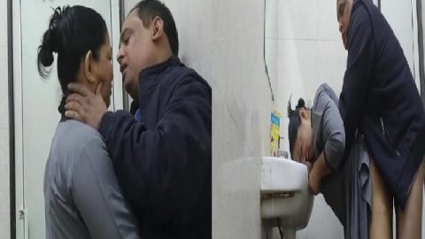 Wife in abroad fucked by office manager in washroom